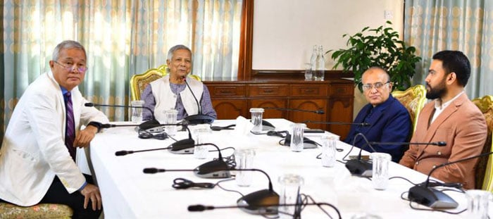 Chief Adviser Muhammad Yunus addresses a meeting with CHT council leaders - PID Photo