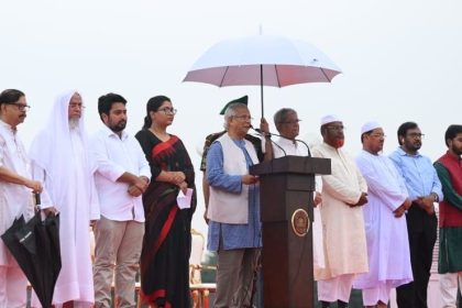 Chief Adviser Muhammad Yunus unveils the July Declaration at an event in front of Parliament building in Dhaka -Photo CA office