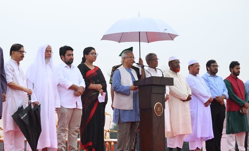 Chief Adviser Muhammad Yunus unveils the July Declaration at an event in front of Parliament building in Dhaka -Photo CA office